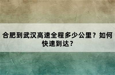 合肥到武汉高速全程多少公里？如何快速到达？