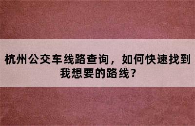 杭州公交车线路查询，如何快速找到我想要的路线？