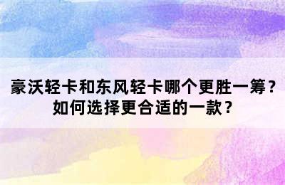 豪沃轻卡和东风轻卡哪个更胜一筹？如何选择更合适的一款？